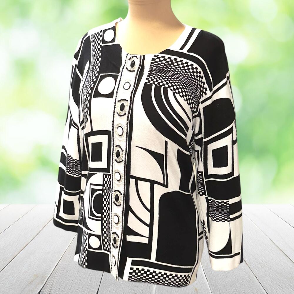 Vintage BEREK Hand Beaded Cardigan Sweater Artwear Geometric Black White Sz M